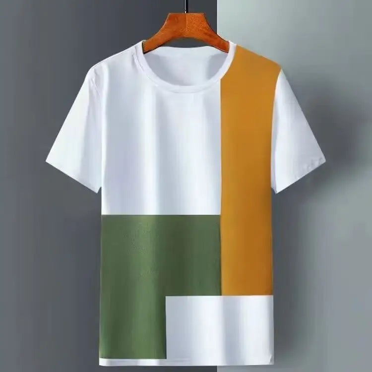 Men Ice Silk T-Shirt Black Green Orange Striped