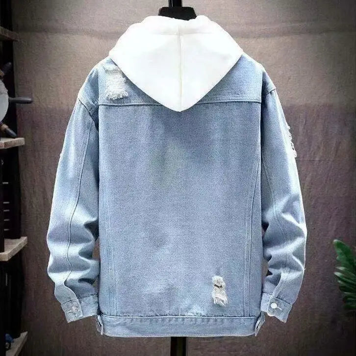 Men's Light Blue Ripped Denim Hoodie Korean Style
