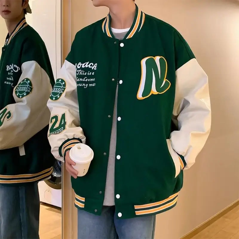 Men's Black & White Spliced Baseball Jacket American Retro Style