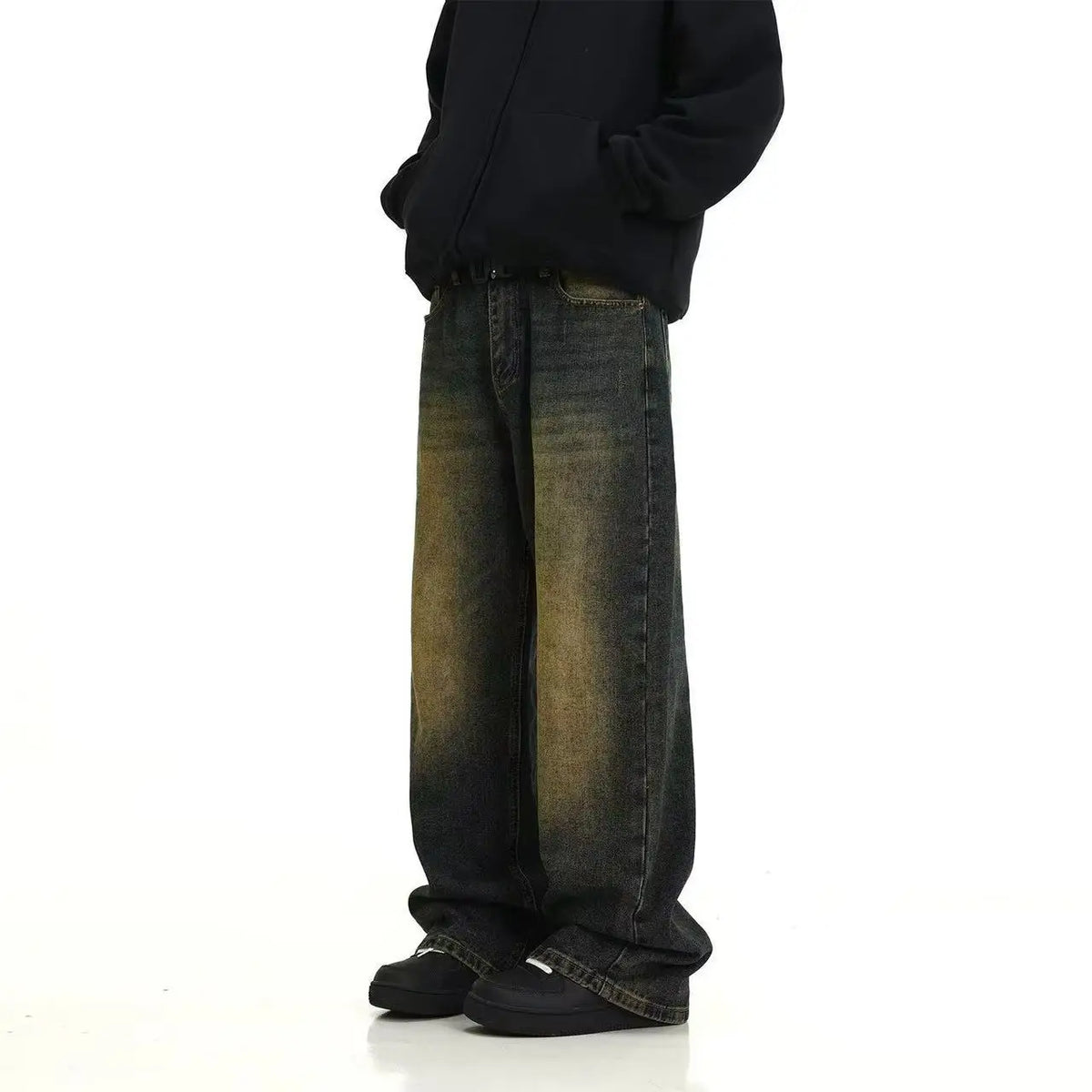Men Vintage Washed Jeans Dark Blue Straight Fit