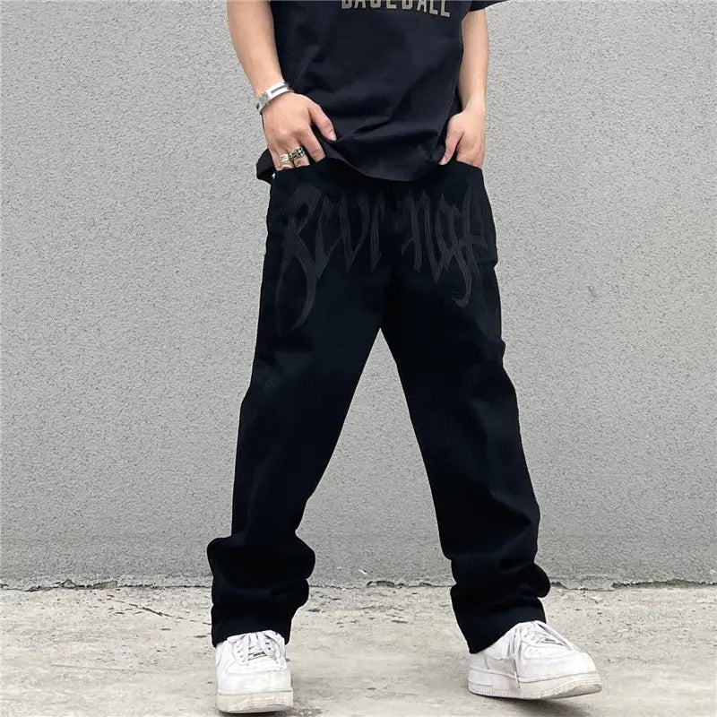 Black Embroidered High Waist Jeans Men Women
