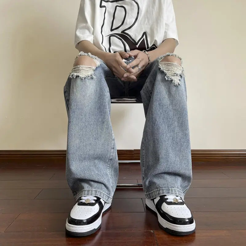Men's Wide Leg Ripped Denim Jeans Summer Casual Pants