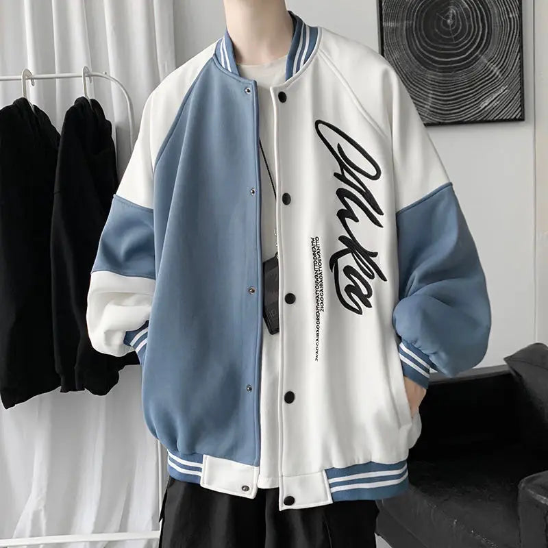 Men's Blue White Baseball Jacket with "Sense" Print