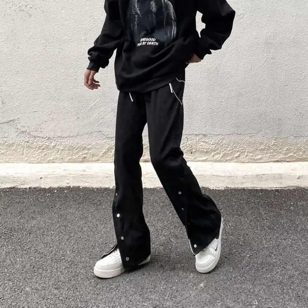 Men Black Zipper Slit Casual Pants with White Sneakers