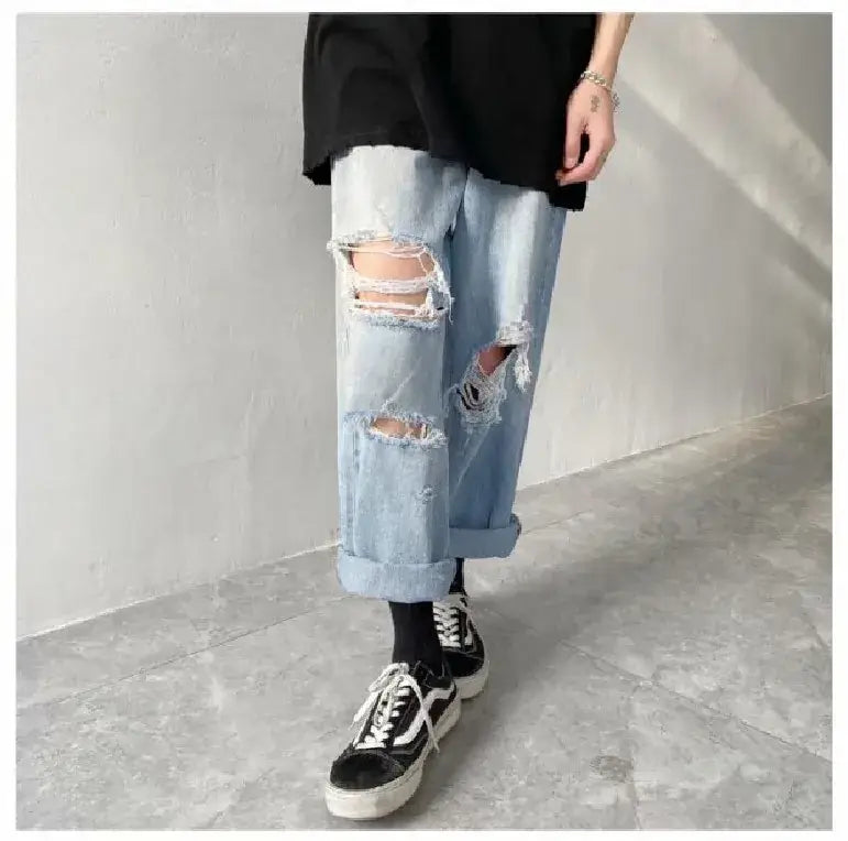Ripped Washed Jeans Boys Summer Loose Wide Leg Straight Pants
