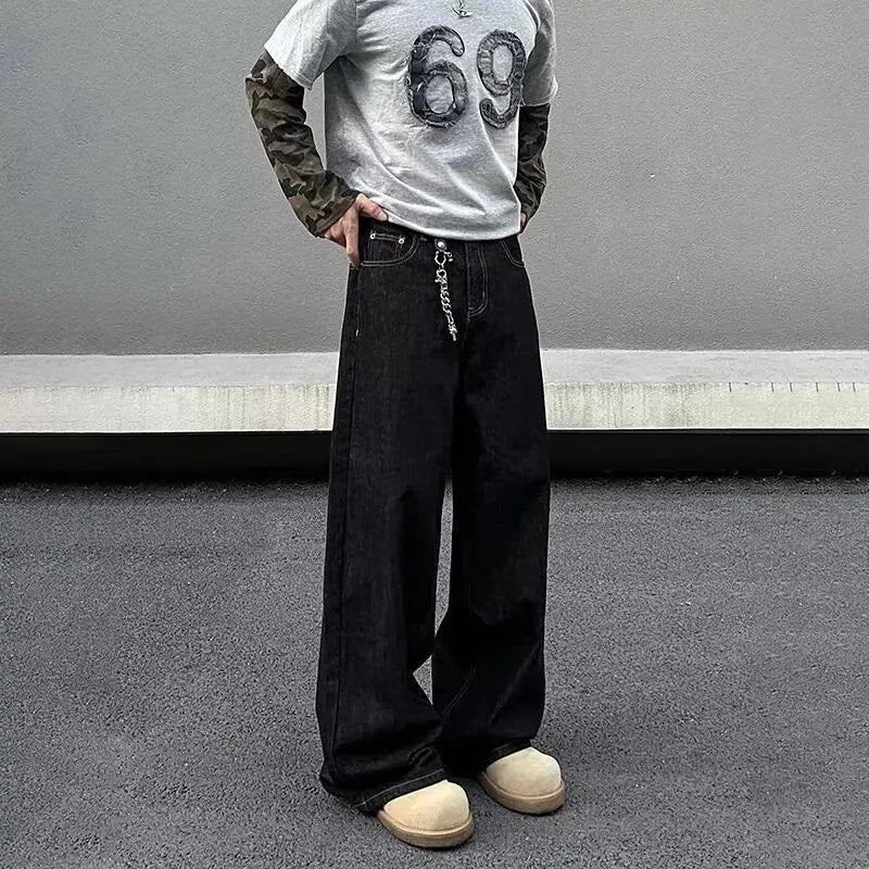 American Style Wide Leg Jeans Dark Blue Unisex Casual