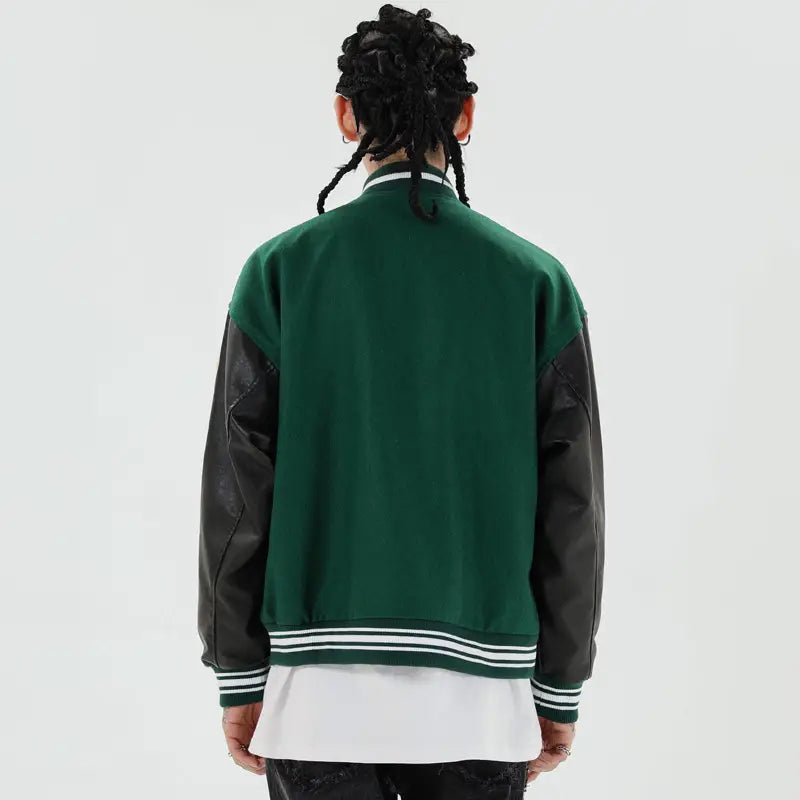 Men's Green Bone Print Baseball Jacket with White Underlayer