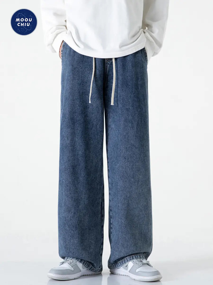 Muqiu Men Fleece-Lined Wide Leg Jeans Blue Grey Washed