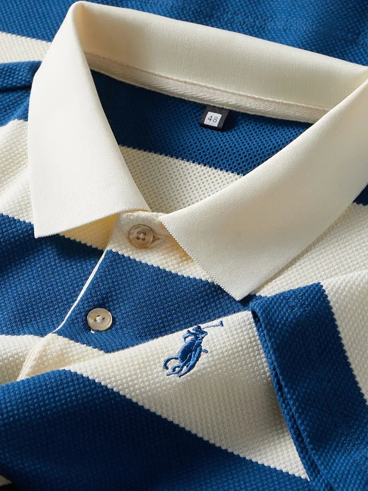 Men's Blue White Striped Polo T-Shirt Short Sleeve