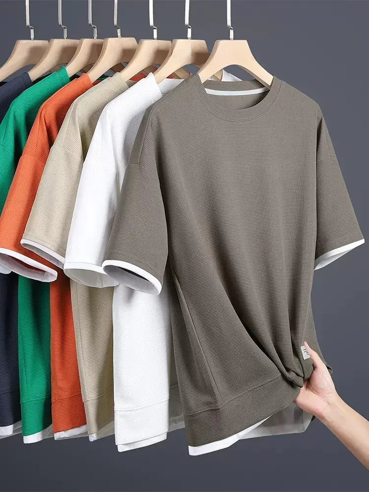 Men's Waffle Round Neck Short Sleeve Shirt Grey Large