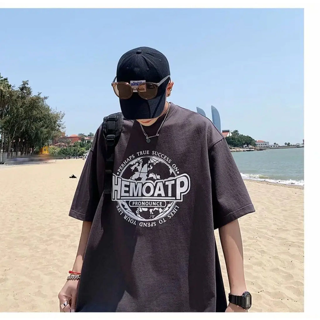Men's Black Hong Kong Style T-Shirt Loose Fit Summer