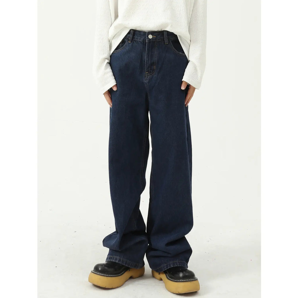 Dark Blue Slim Fit Jeans for Men Women Mid Waist