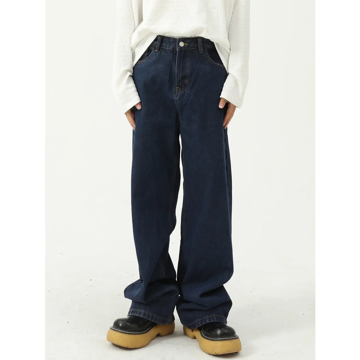 Dark Blue Slim Fit Jeans for Men Women Mid Waist