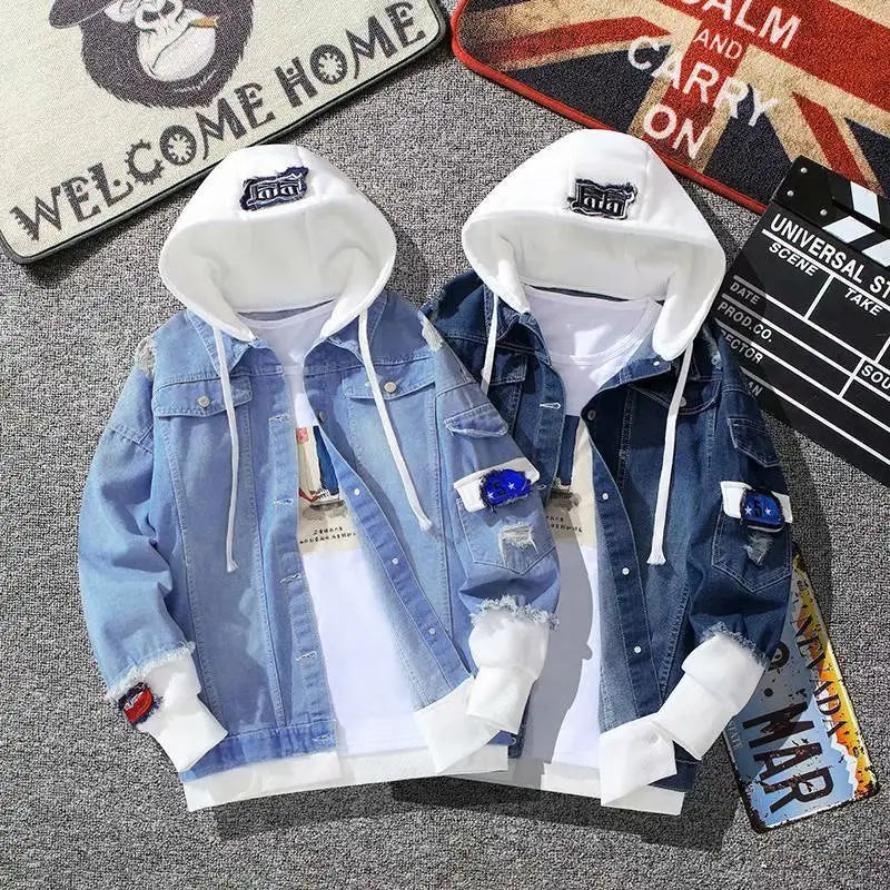 Men's Light Blue Denim Hooded Jacket with White Hood & Embroidery