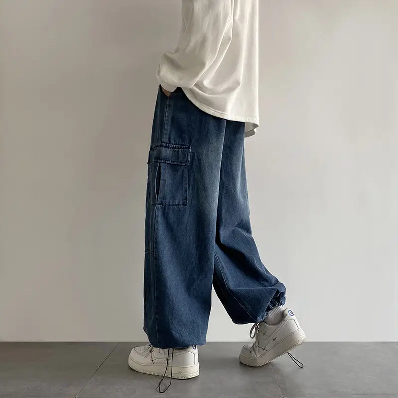 Men Blue Cargo Pants Wide Leg Spring Autumn Loose Fit