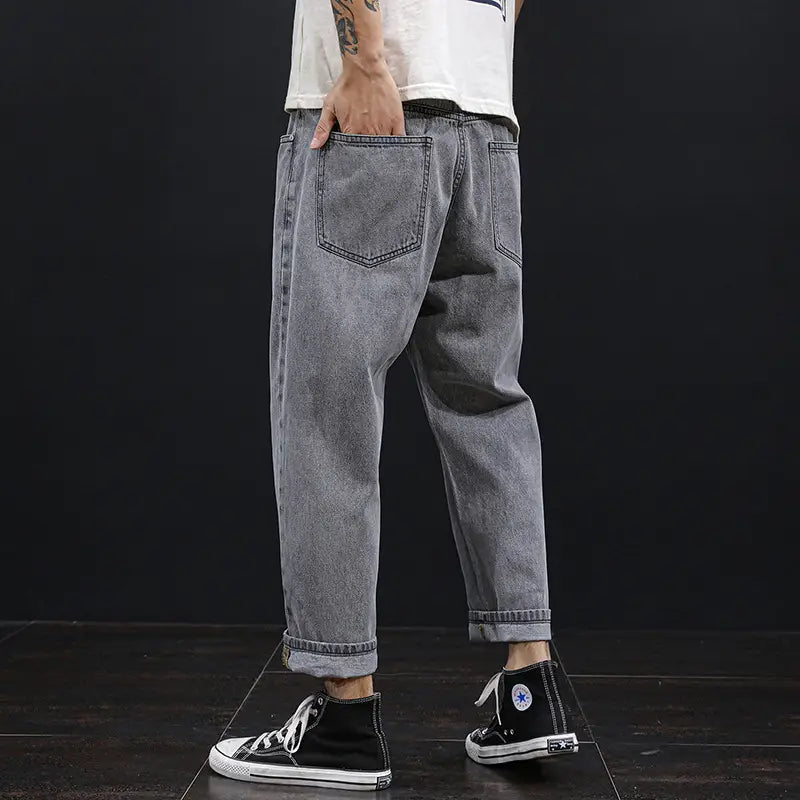 Plus Size Men Denim Cropped Pants 2022 Grey