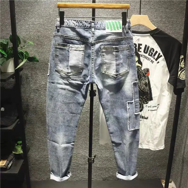 Men Patch Ripped Skinny Jeans Korean Style Spring Autumn