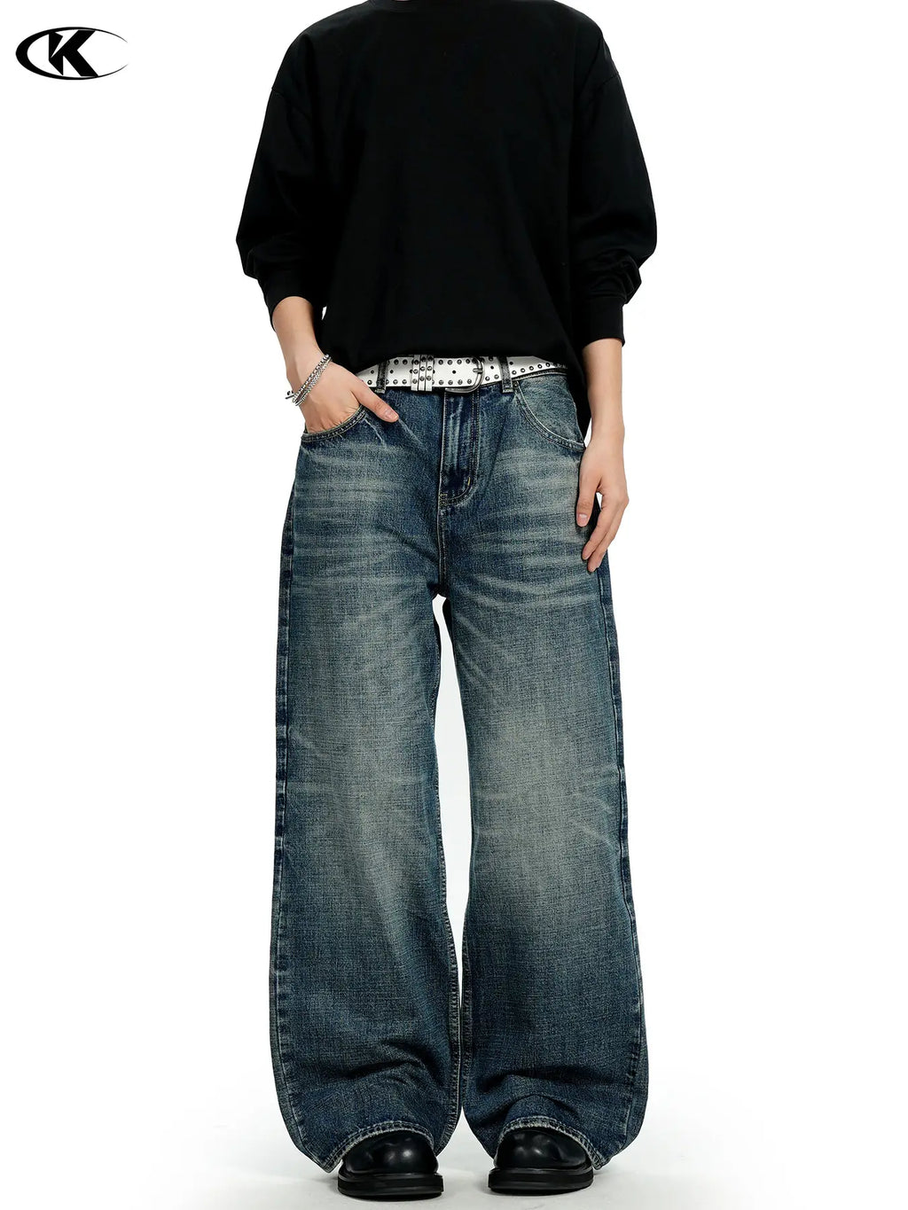 11Kn American Retro Dark Blue Jeans for Men Women Wide Leg Casual Pants