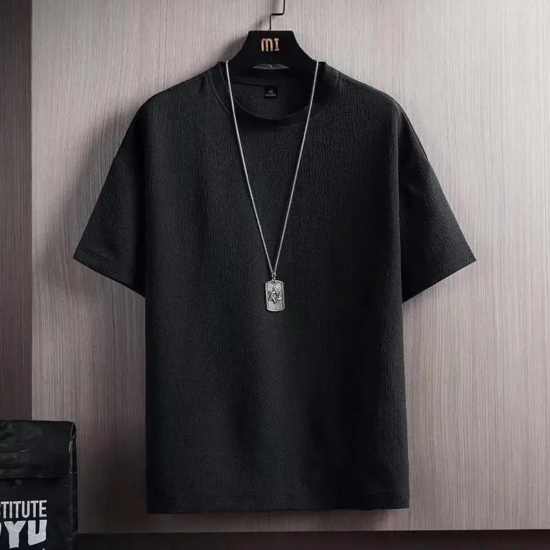 Men White Japanese T-Shirt Round Neck Loose Fit