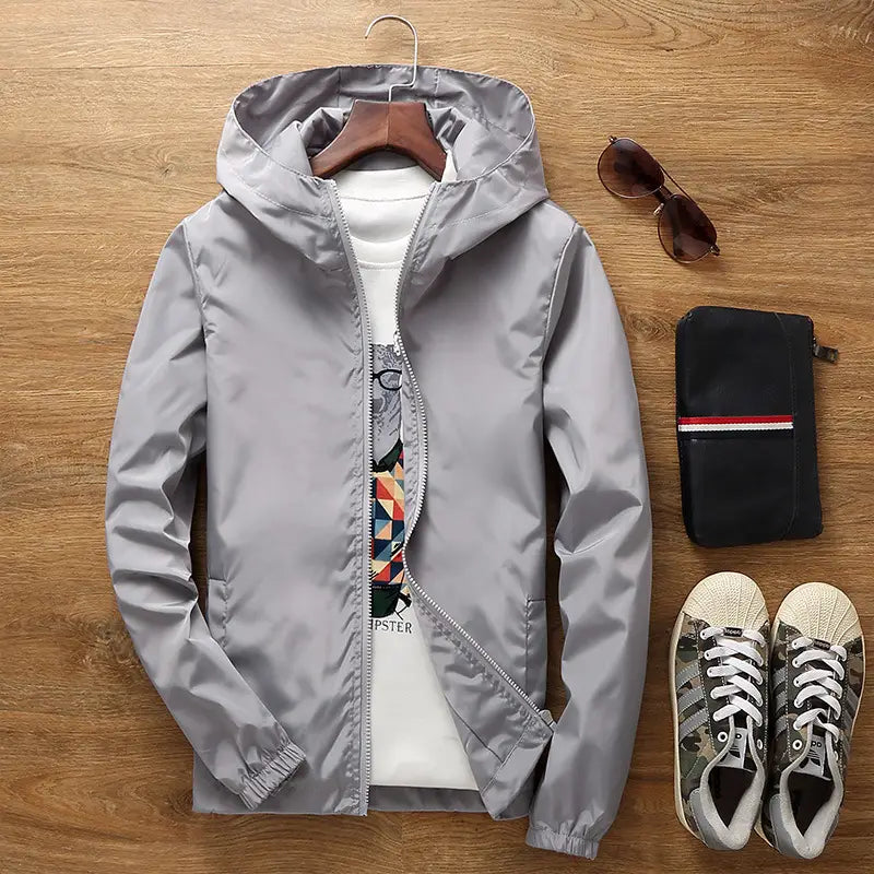 Men's Grey Hooded Windbreaker Jacket with Print