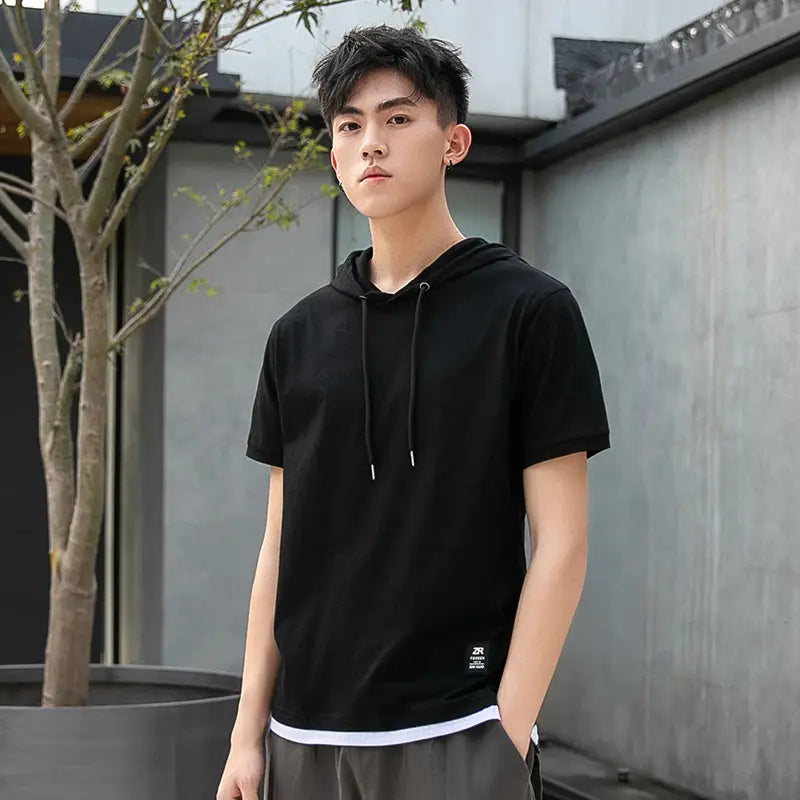 Men Black Hooded T-Shirt Pure Cotton Loose Fit