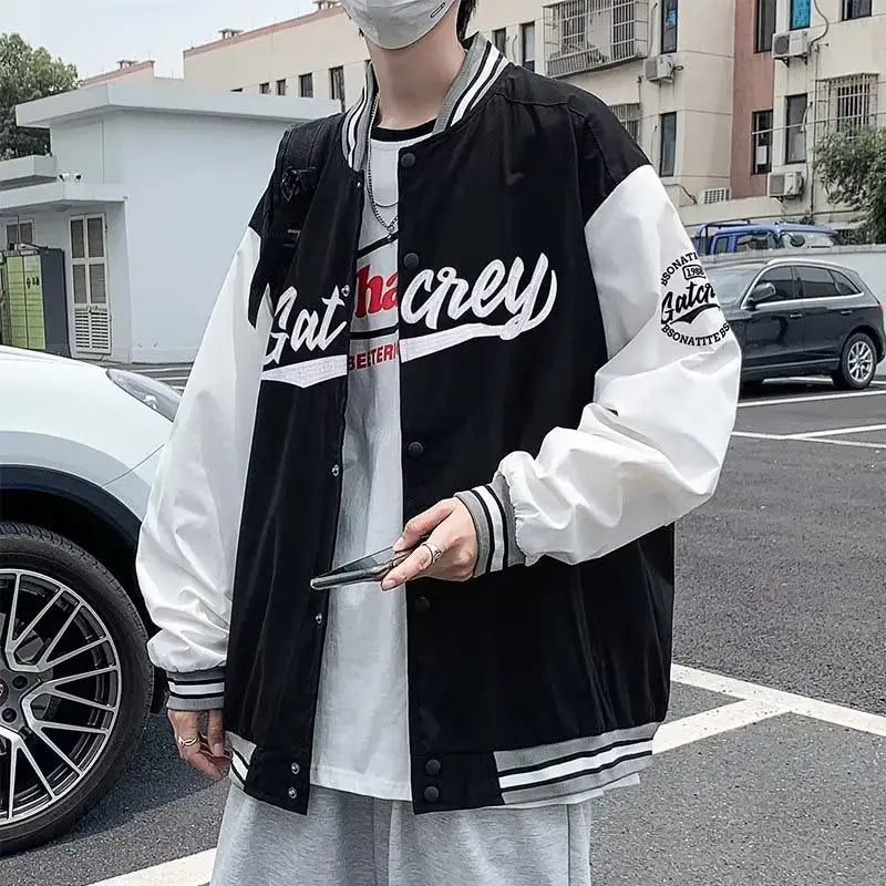 Men Bomber Jacket White Navy "Alkane" Embroidery