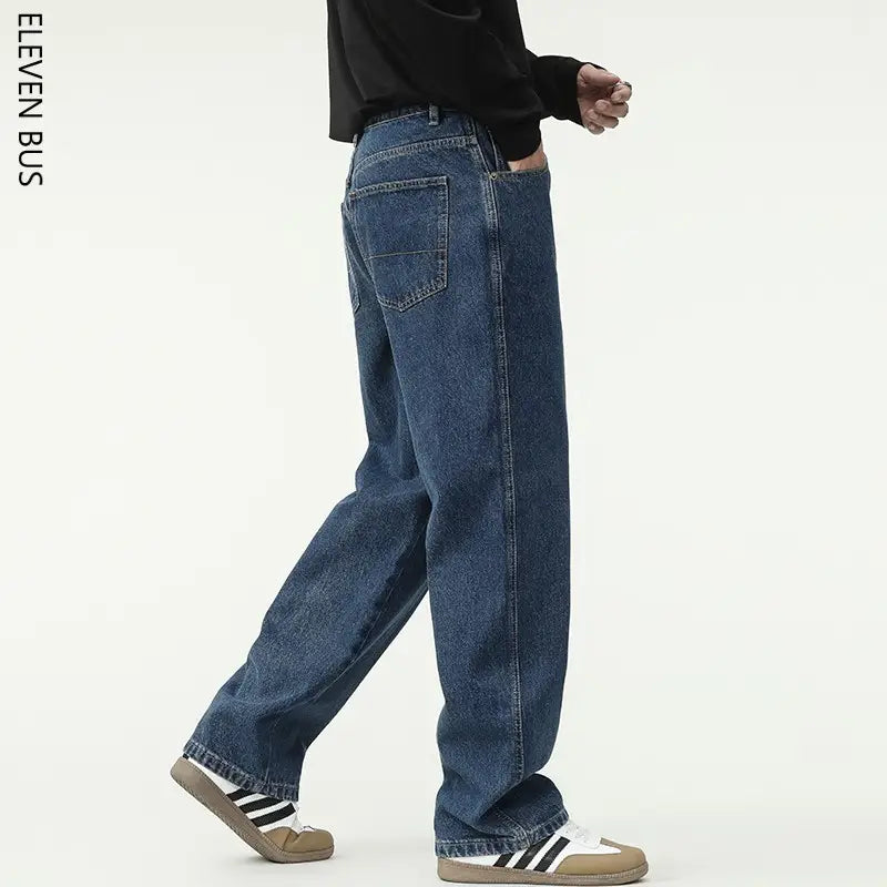 New Dark Blue American Retro Washed Jeans Men's Straight Wide-Leg