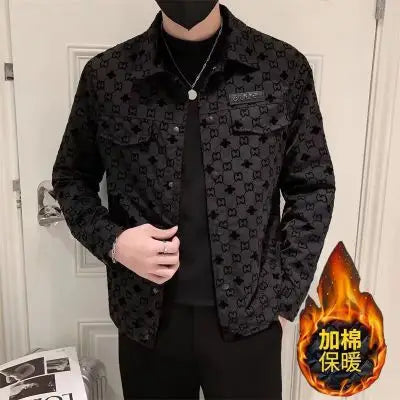 Men's Slim-fit Black Printed Lapel Jacket 2022