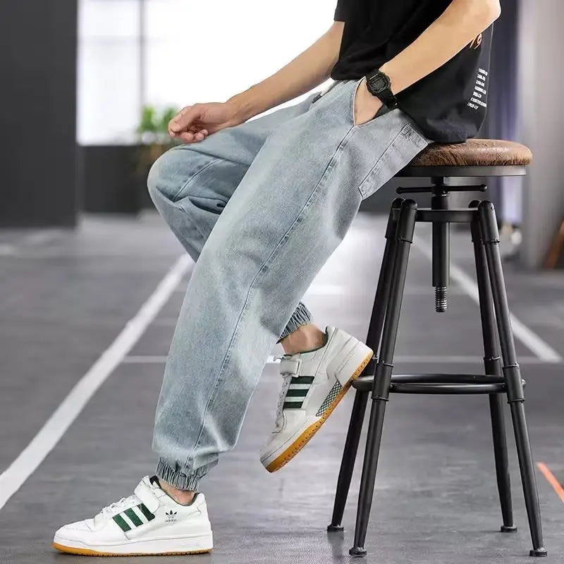 Men Drawstring Jeans Thin Leg Spring Summer