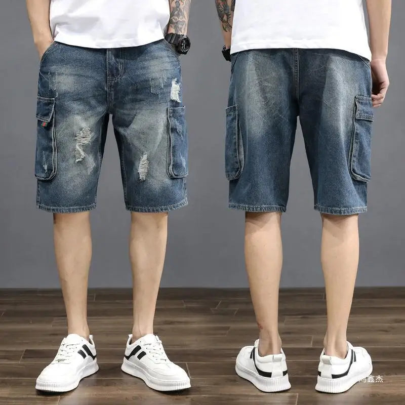 Denim Mid-Length Cargo Shorts for Men Retro Korean Style