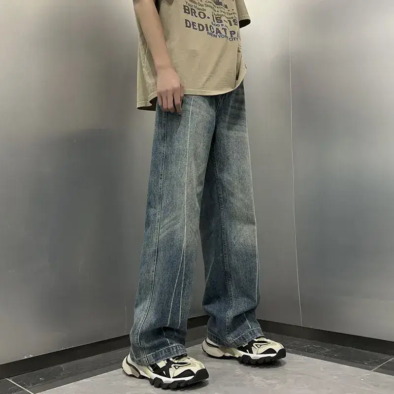 Men's Black Straight Cut Denim Pants Spring Loose Fashion