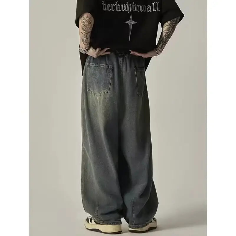 Elastatic Oversize Jeans Men Women Japanese Style Loose Dipping Wide Leg Pants