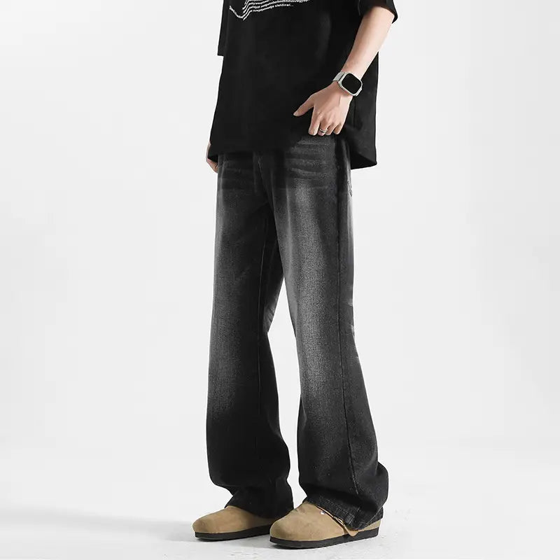 Men Wide Leg Washed Jeans Dark Blue Summer