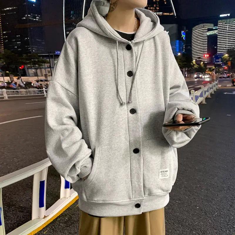 Men Grey Hooded Sweatshirt Long Sleeve Polar Fleece