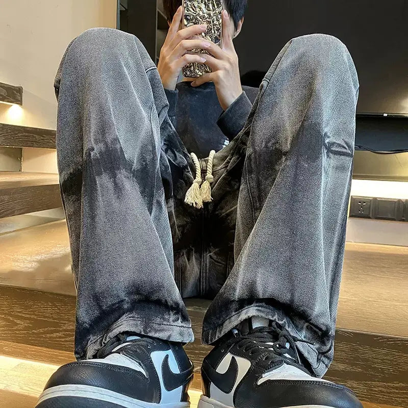 Men Tie-Dye Drawstring Jeans American High Street Vibe Pants