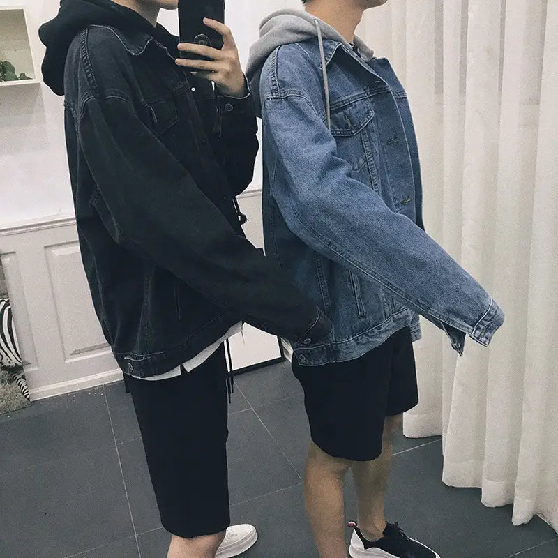 Men's Korean Style Hooded Denim Jacket Blue Gray