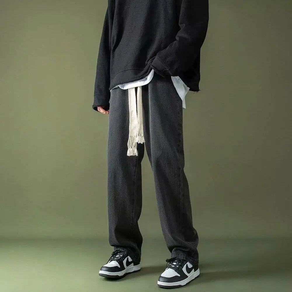Men Braided Drawstring Jeans Wide Leg Trousers Blue