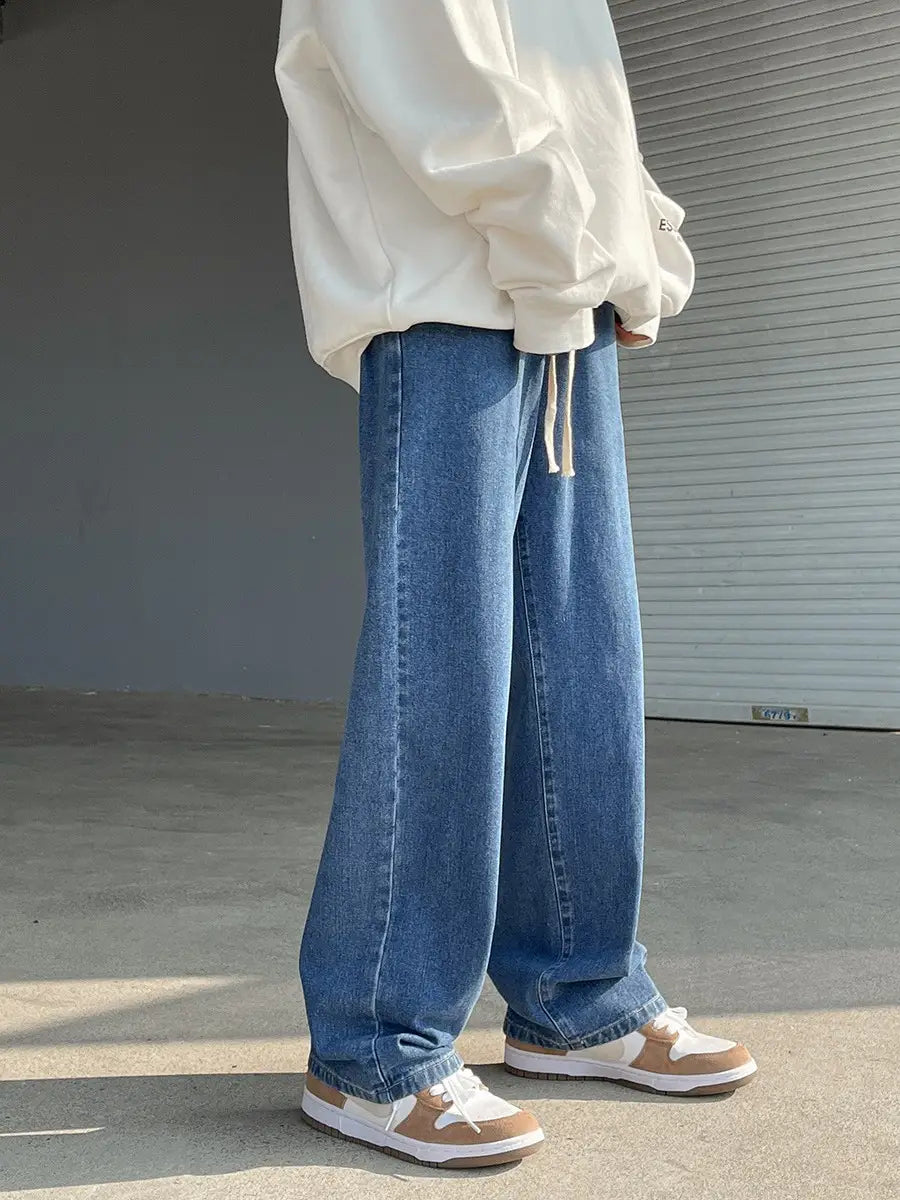 Men's Elastic Waist Jeans Vintage Washed Loose Straight Leg