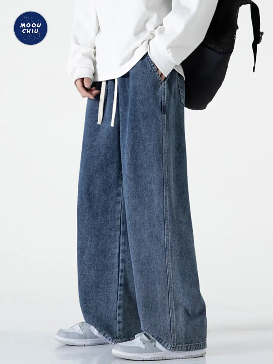Muqiu Men Fleece-Lined Wide Leg Jeans Blue Grey Washed