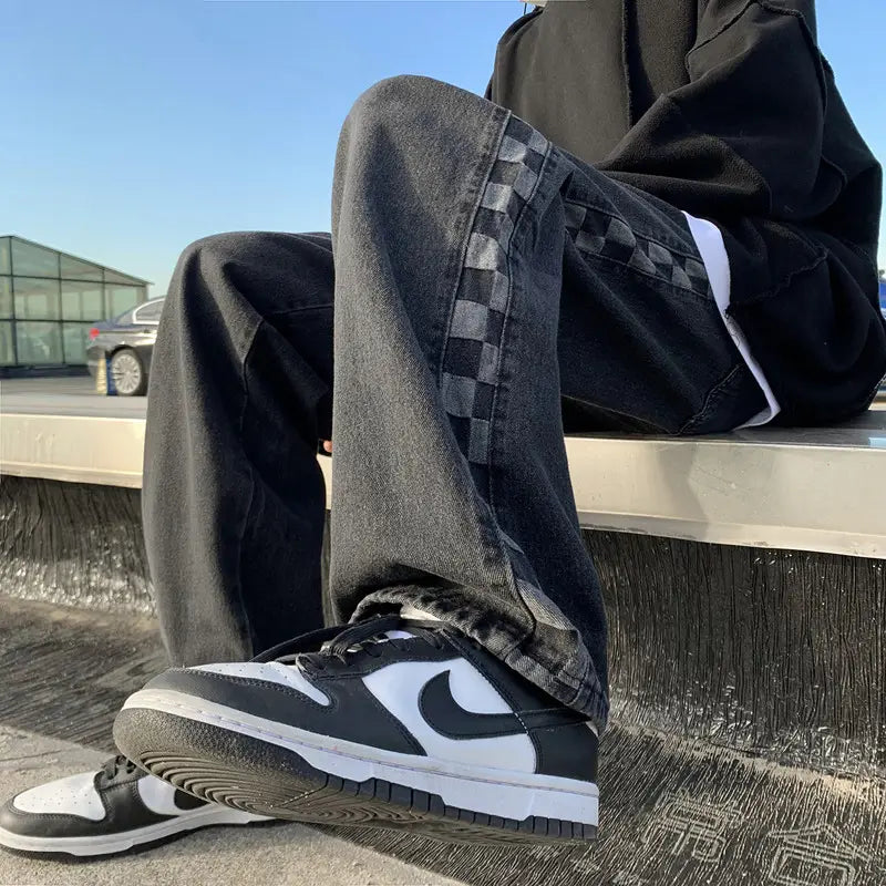 Men's American Denim Pants Loose Oversize Checkerboard Jeans