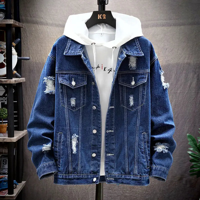 Men's Light Blue Ripped Denim Hoodie Korean Style