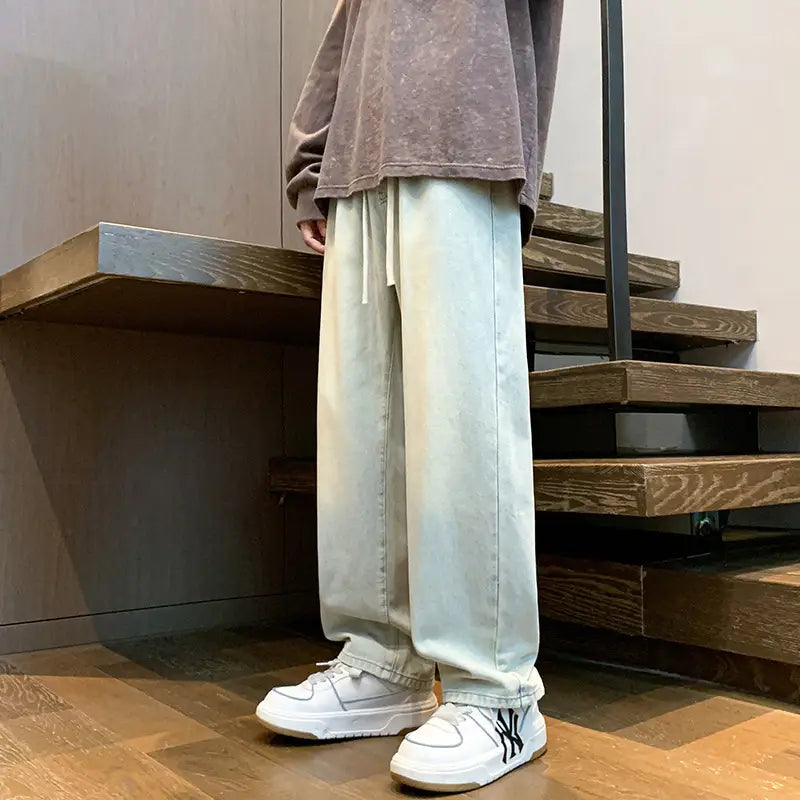 Men Retro Straight Leg Pants Black Wide Leg Casual