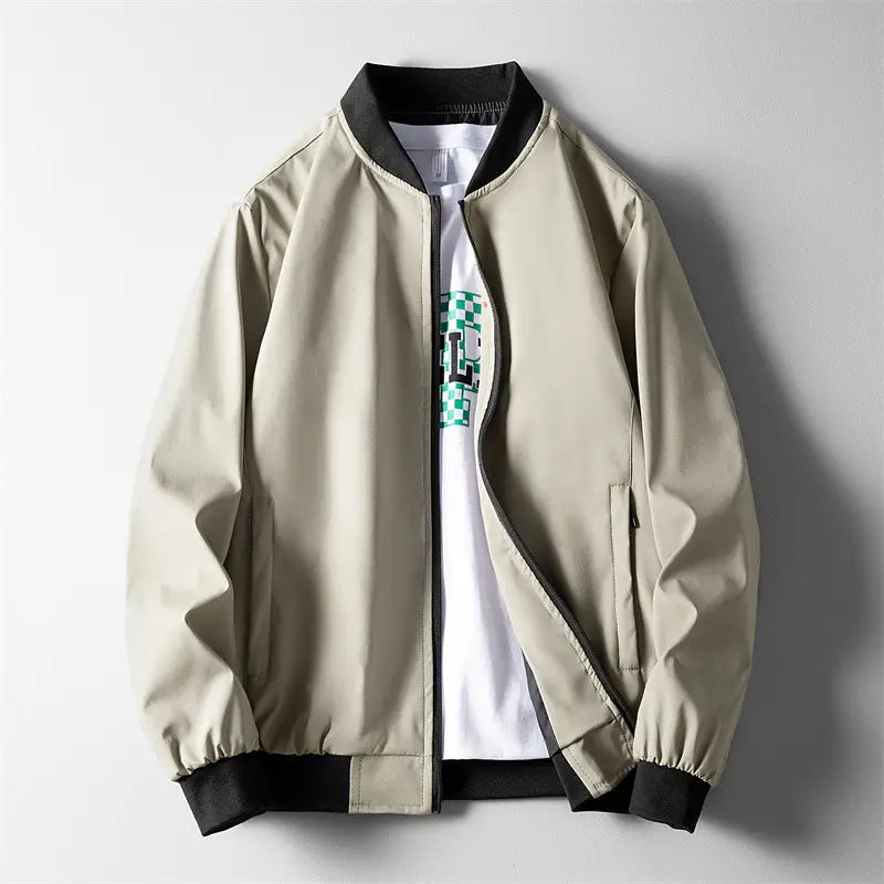 Men's Green Bomber Jacket Solid Collar Slim Fit