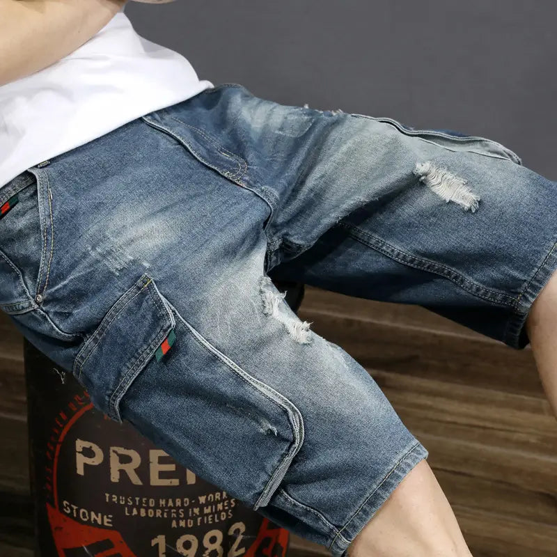 Denim Mid-Length Cargo Shorts for Men Retro Korean Style