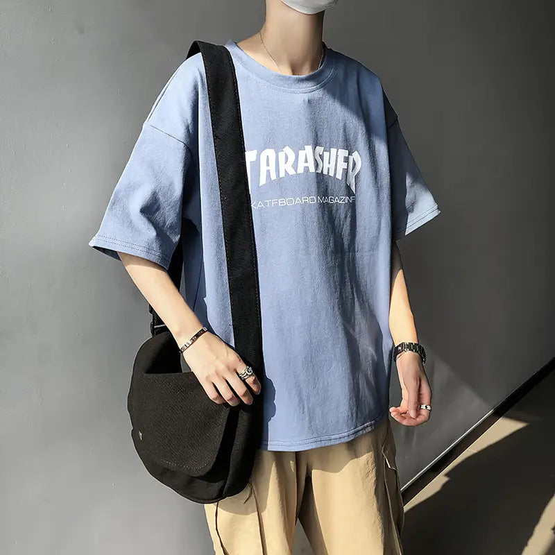 Men's Blue T-Shirt with "TARASHER" Print Loose Fit
