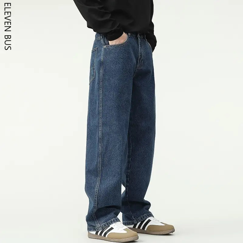 New Dark Blue American Retro Washed Jeans Men's Straight Wide-Leg