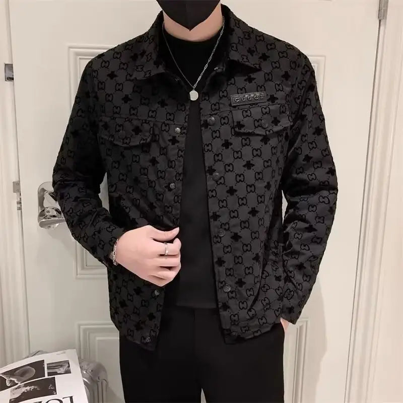 Men's Slim-fit Black Printed Lapel Jacket 2022