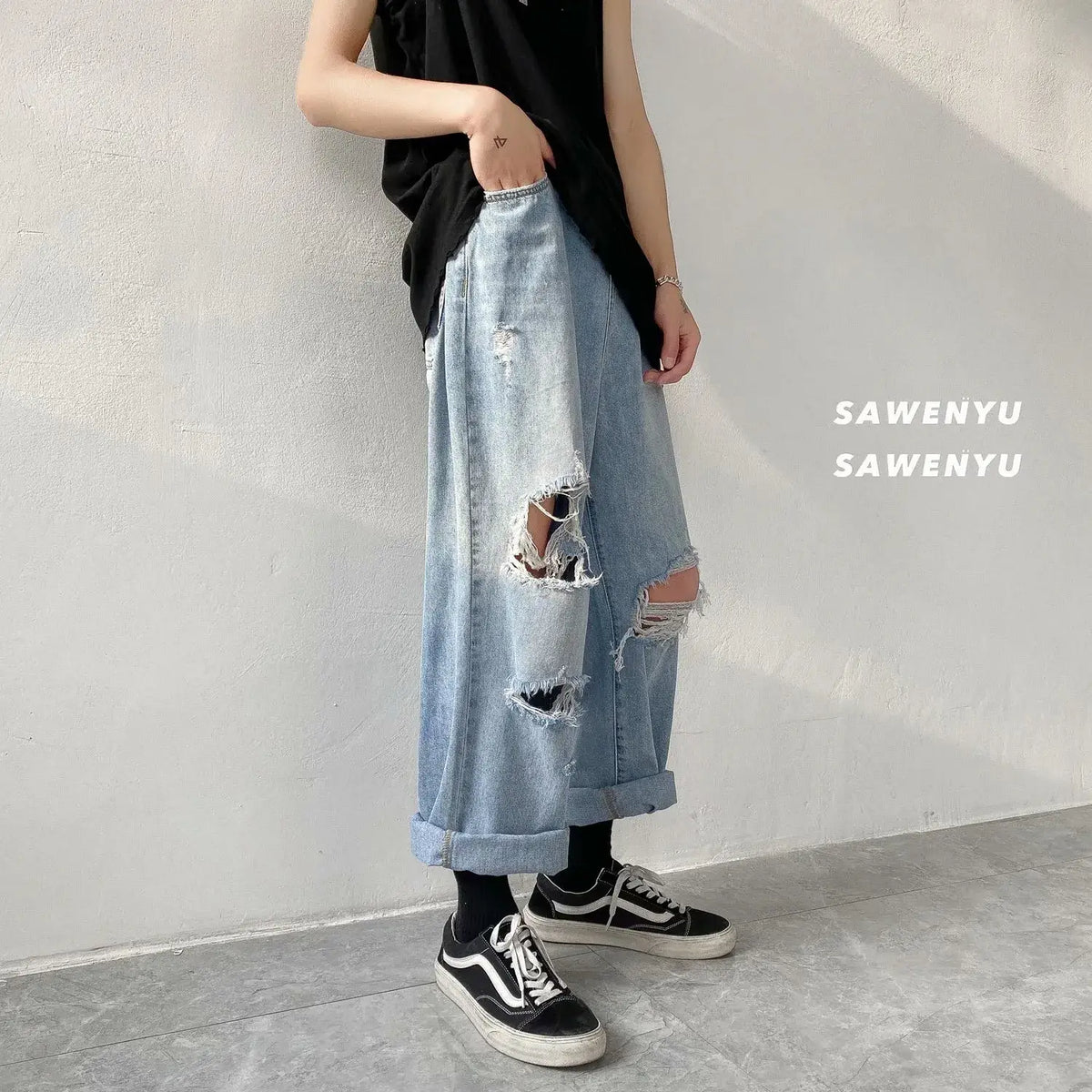 Ripped Washed Jeans Boys Summer Loose Wide Leg Straight Pants
