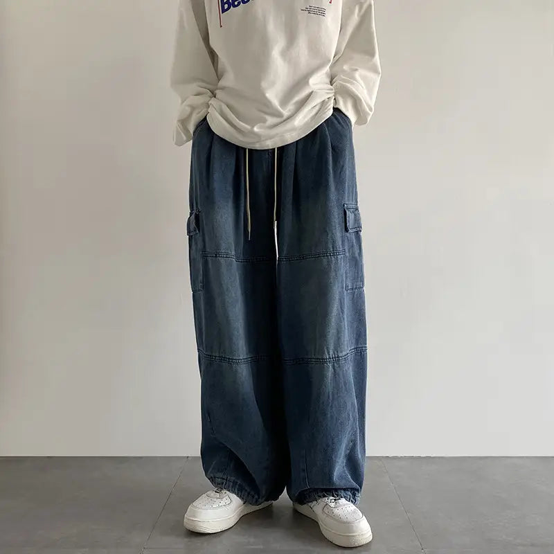 Men Blue Cargo Pants Wide Leg Spring Autumn Loose Fit