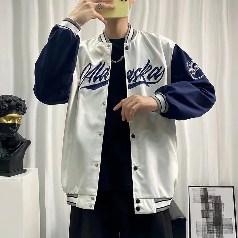 Men Bomber Jacket White Navy "Alkane" Embroidery